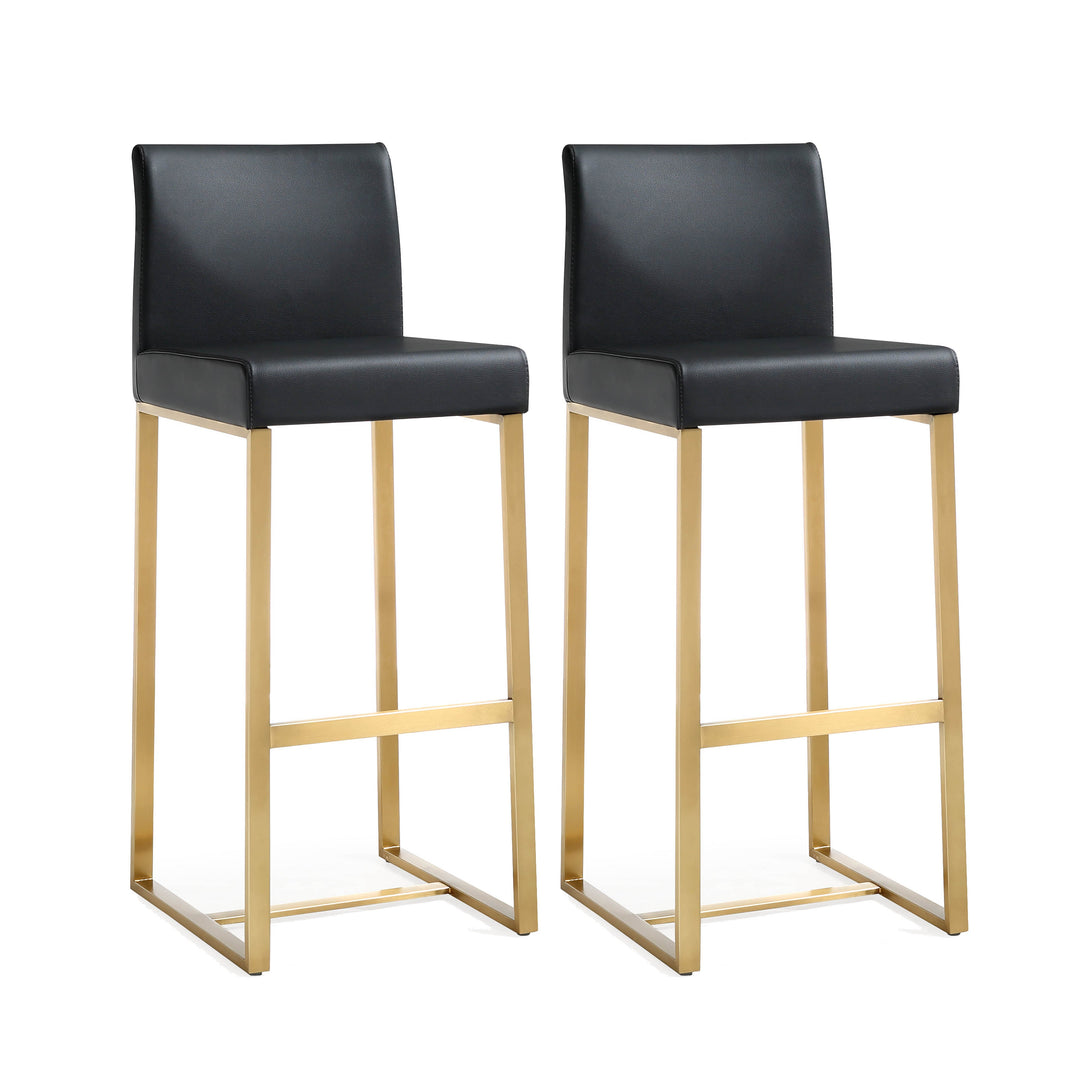 Denmark Black Performance Vegan Leather Bar Stool with Gold Base - Set of 2