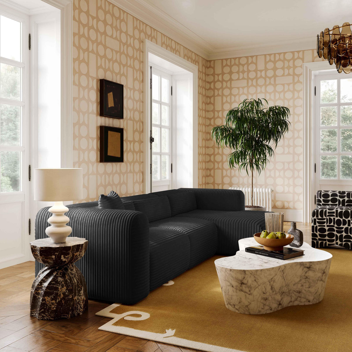 Tarra 3-Piece Fluffy Oversized Performance Corduroy Modular L-Shaped Sectional - Black / RAF