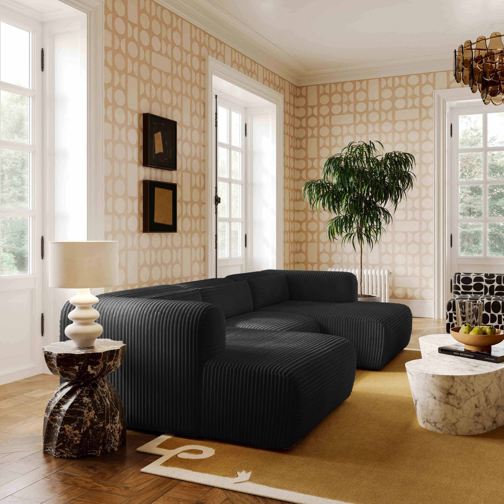 Tarra 4-Piece Fluffy Oversized Performance Corduroy Modular U-Sectional - Black
