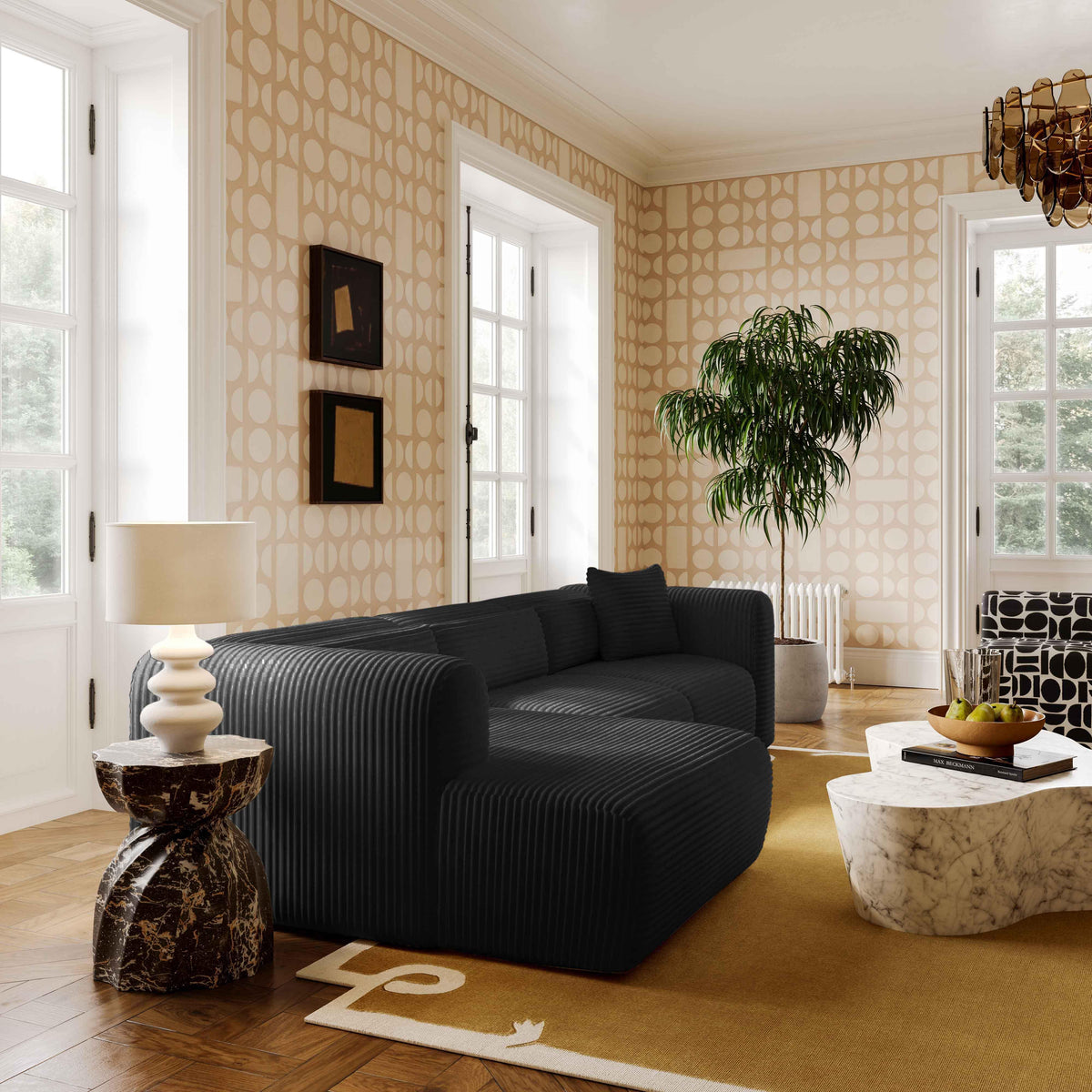 Tarra Fluffy Oversized Performance Corduroy Modular Corner Chair - Black / RAF