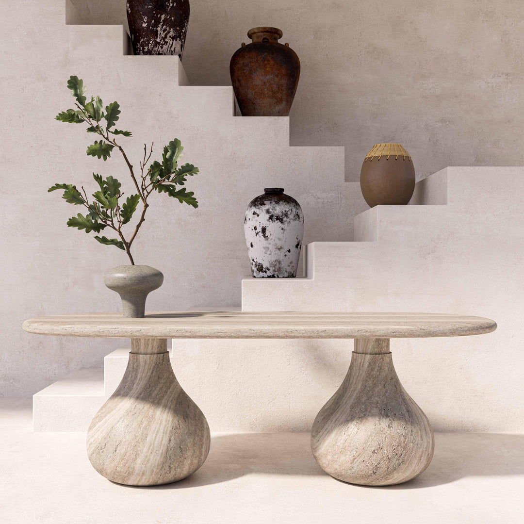 Smooch 87" Travertine Concrete Indoor/Outdoor Oval Dining Table