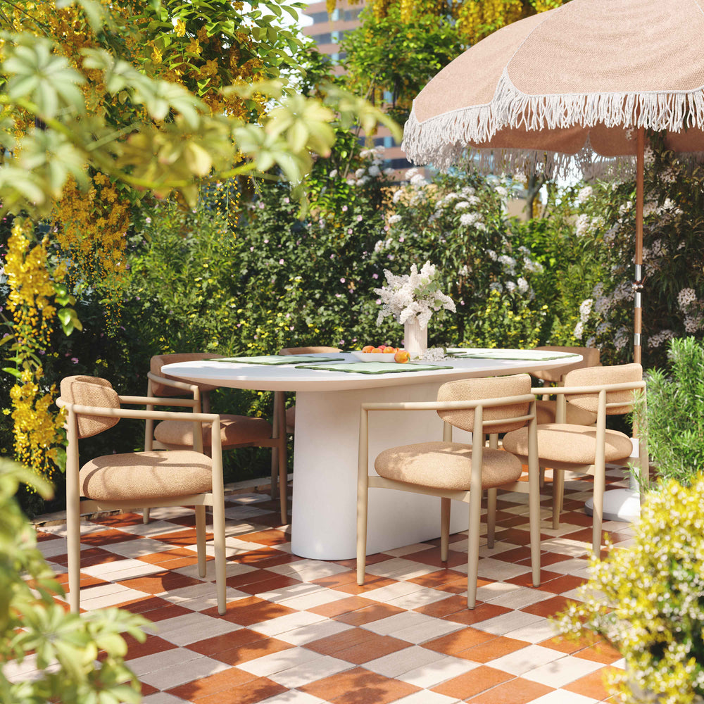 Annika Peach Textured Contract-Grade Fabric Outdoor Dining Arm Chair