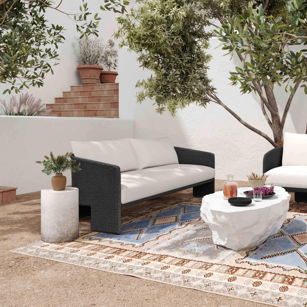 Alexa 80" Rattan Performance Fabric Outdoor Sofa - Black / Cream