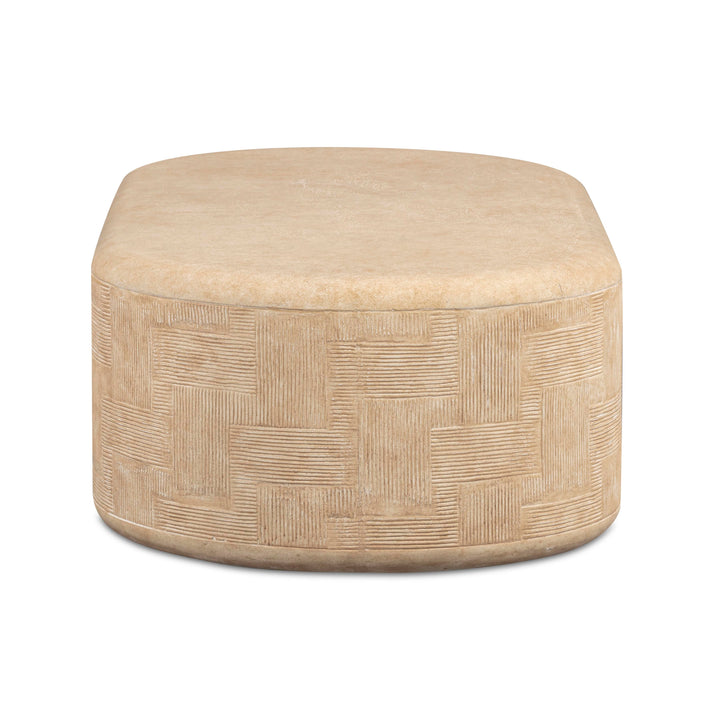 Suraya 55" Faux Travertine Indoor/Outdoor Concrete Rounded Coffee Table