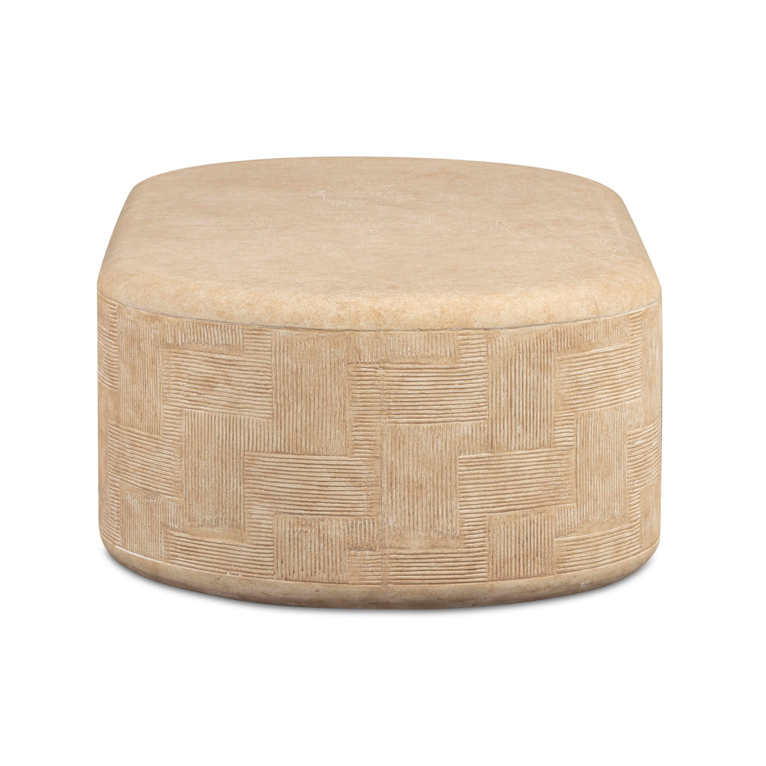 Suraya 55" Faux Travertine Indoor/Outdoor Concrete Rounded Coffee Table