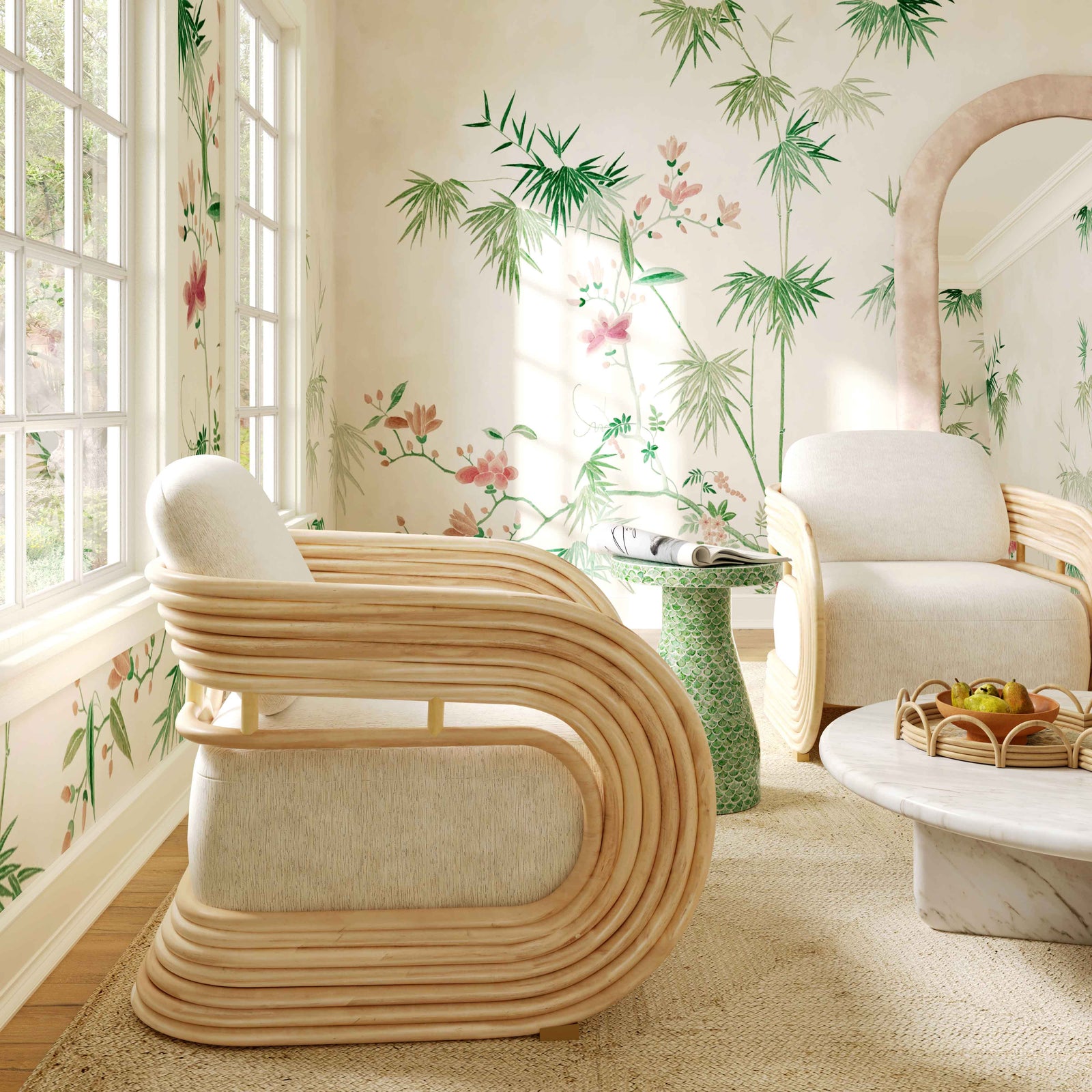 Lauretta Cream Performance Fabric and Natural Rattan Accent Chair