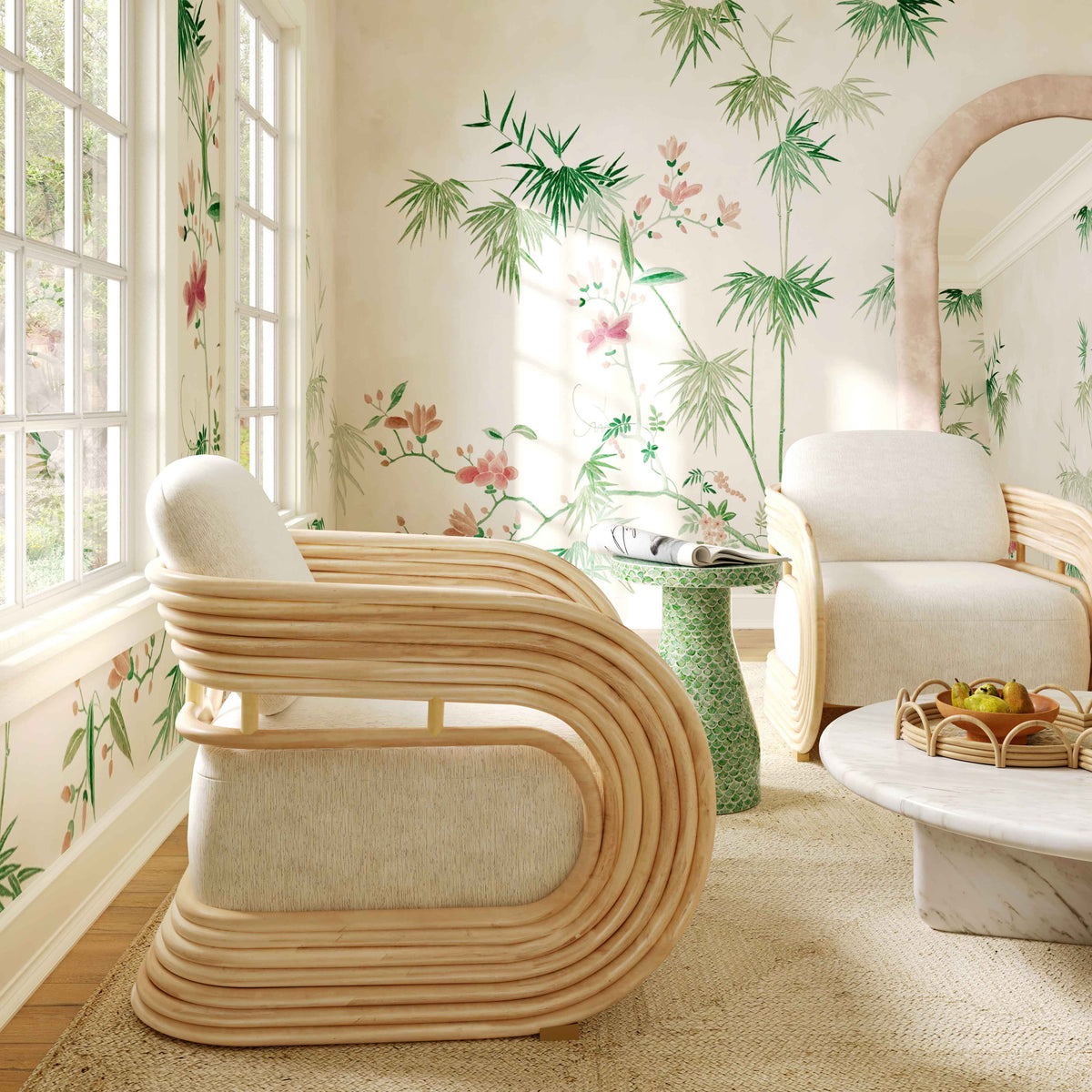 Lauretta Cream Performance Fabric and Natural Rattan Accent Chair