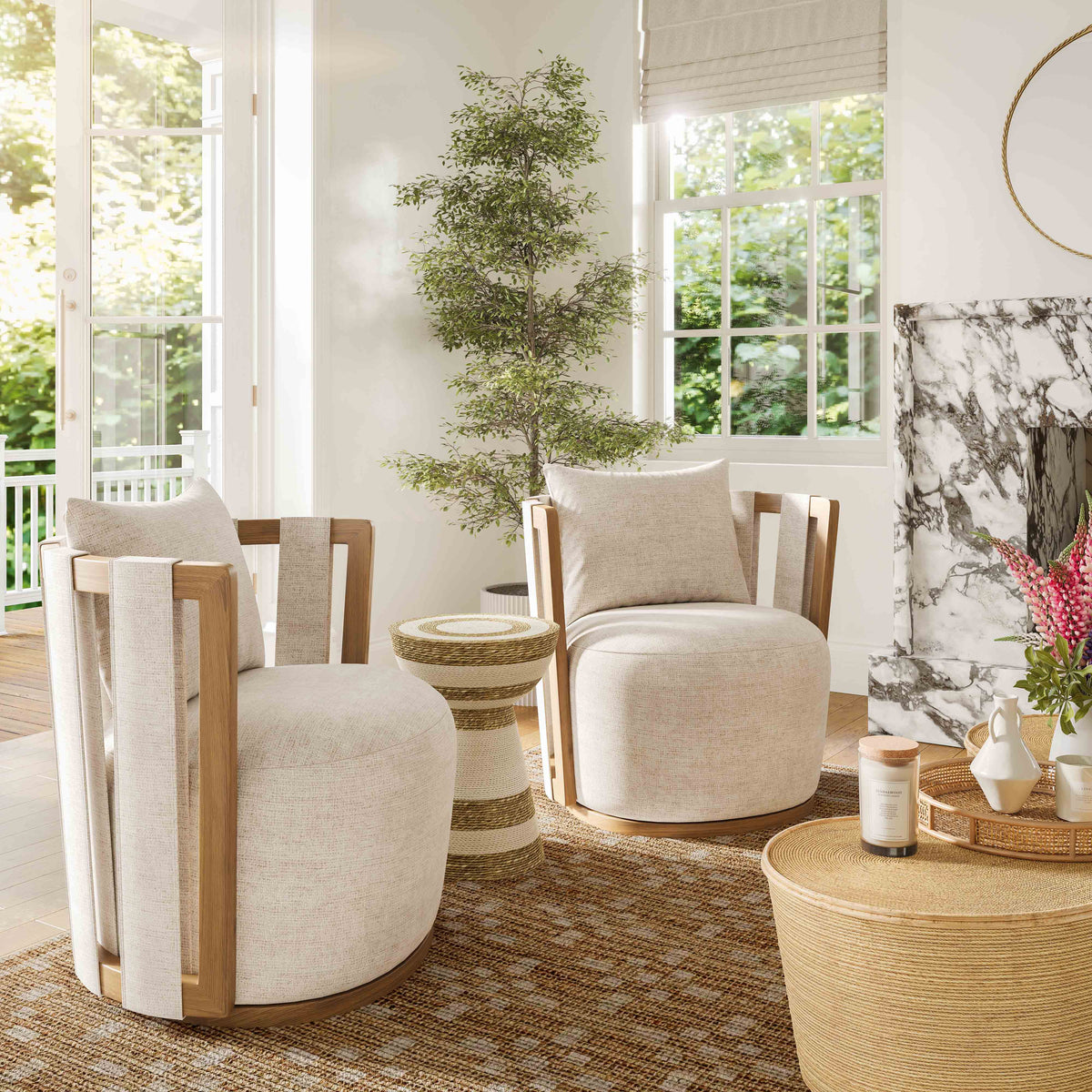 Paolo Textured Contract-Grade Weave Fabric Swivel Accent Chair - Cream
