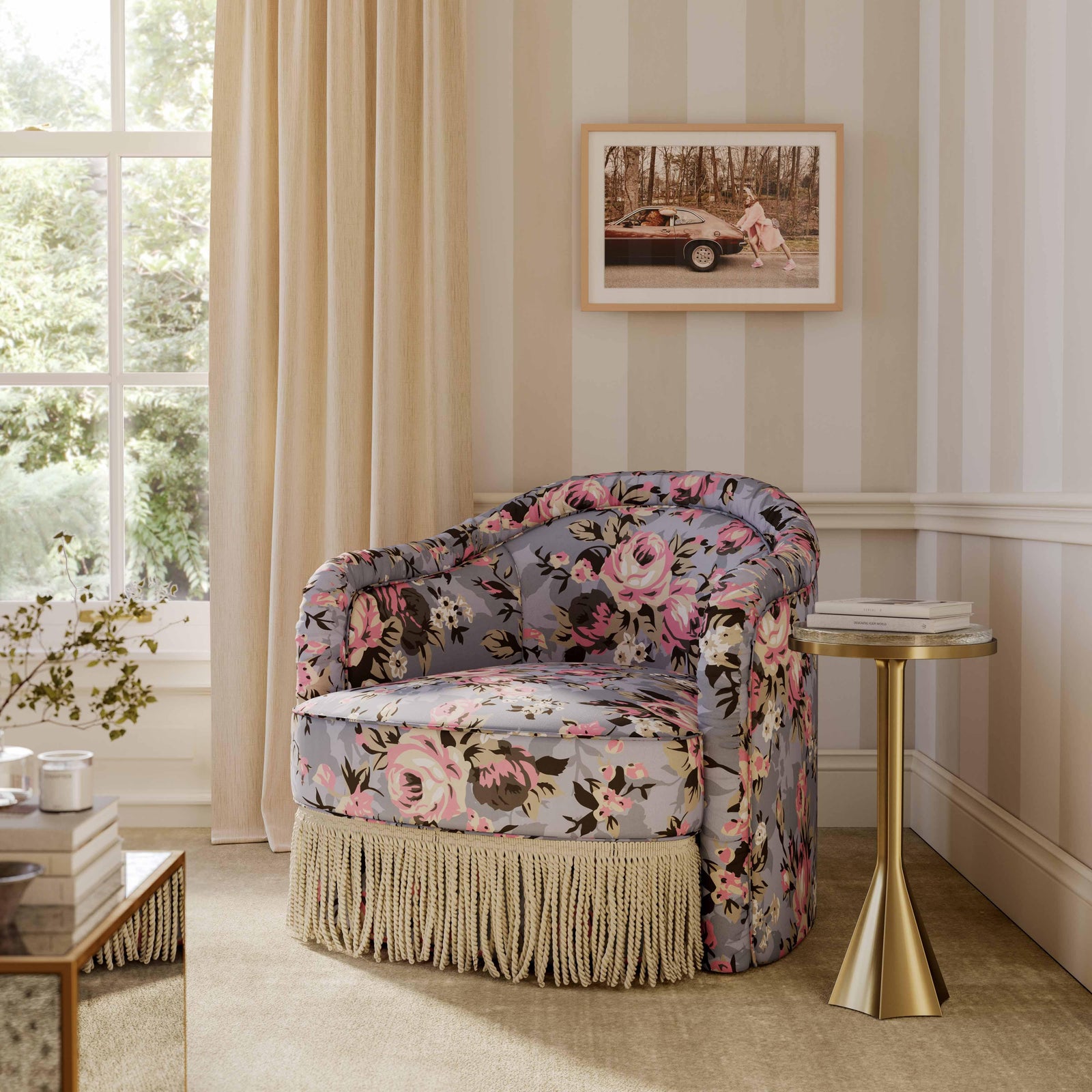 Pamela Spring Floral Print Performance Fabric Tasseled Lounge Accent Chair