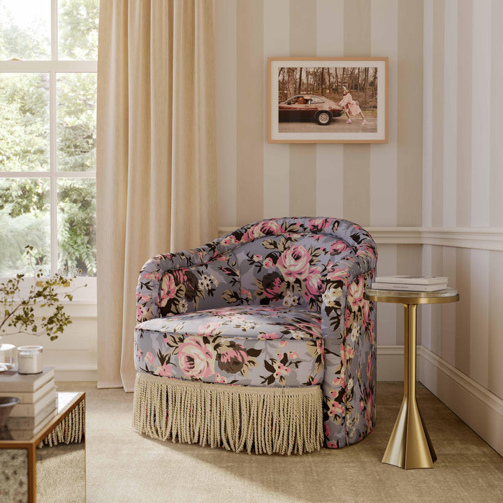 Pamela Spring Floral Print Performance Fabric Tasseled Lounge Accent Chair