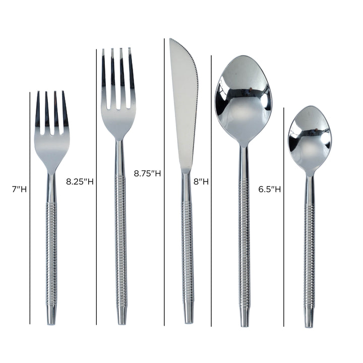 Ribbed Silver Stainless Steel Flatware - Set of 5 Pieces - Service For 1