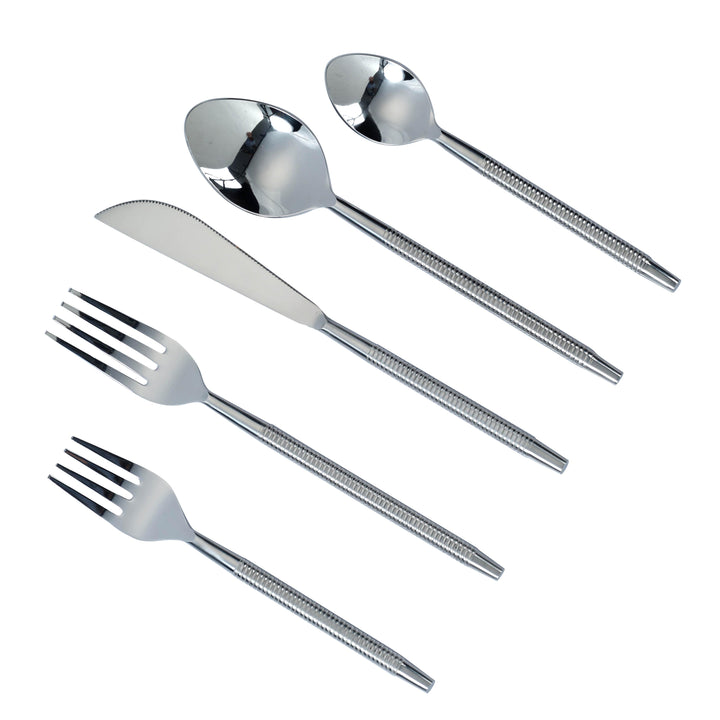 Ribbed Silver Stainless Steel Flatware - Set of 5 Pieces - Service For 1