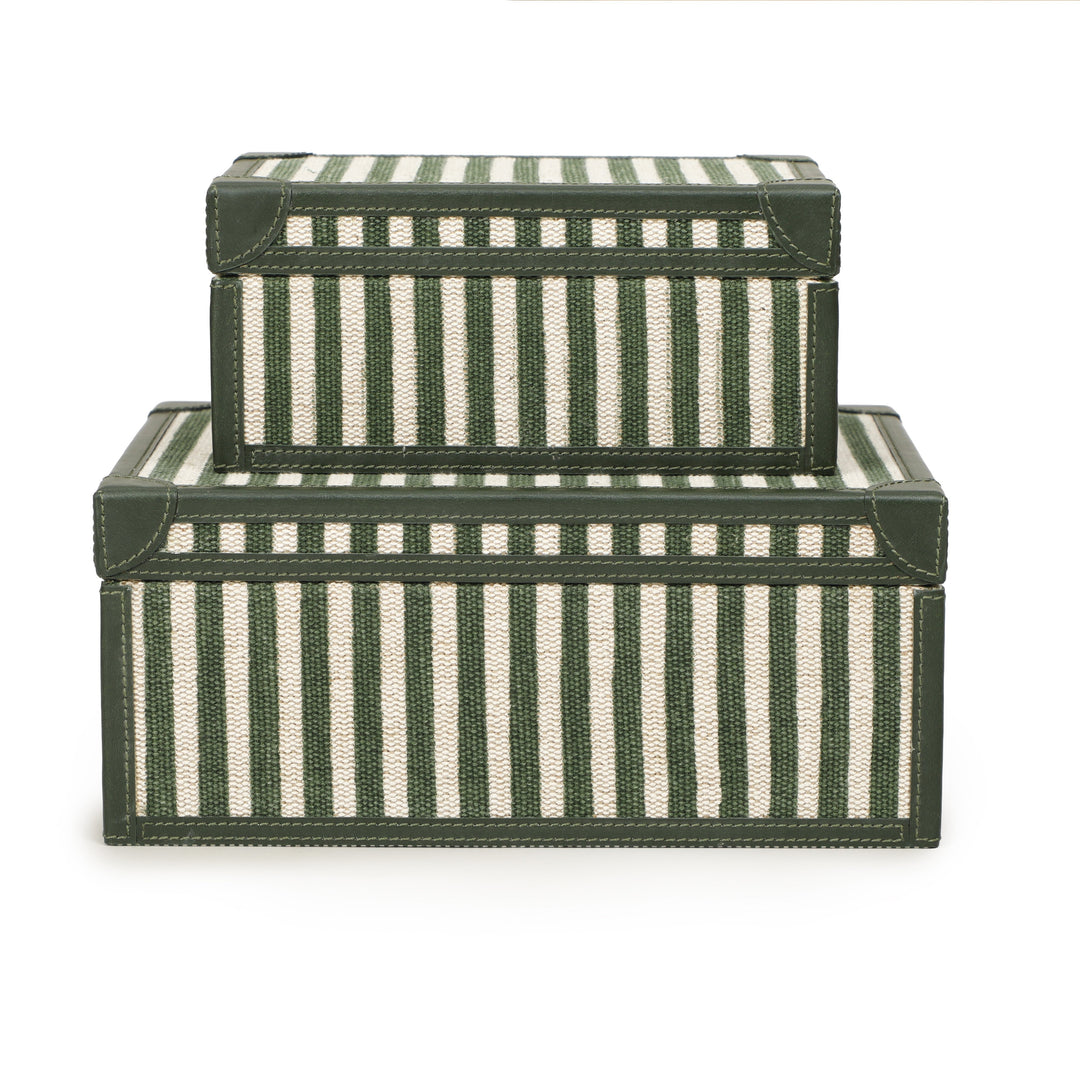 Kora Green Striped Cotton Jute Contract-Grade Keepsake Box Set