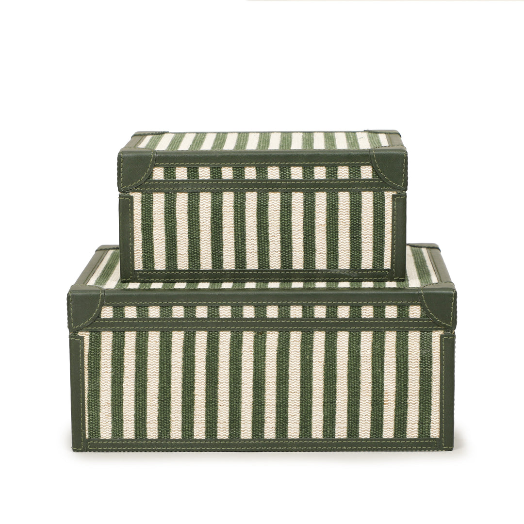 Kora Green Striped Cotton Jute Contract-Grade Keepsake Box Set