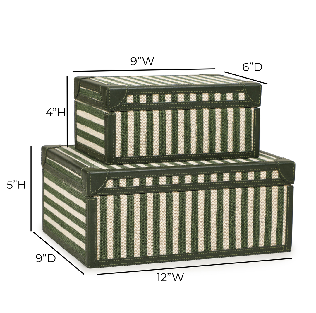 Kora Green Striped Cotton Jute Contract-Grade Keepsake Box Set