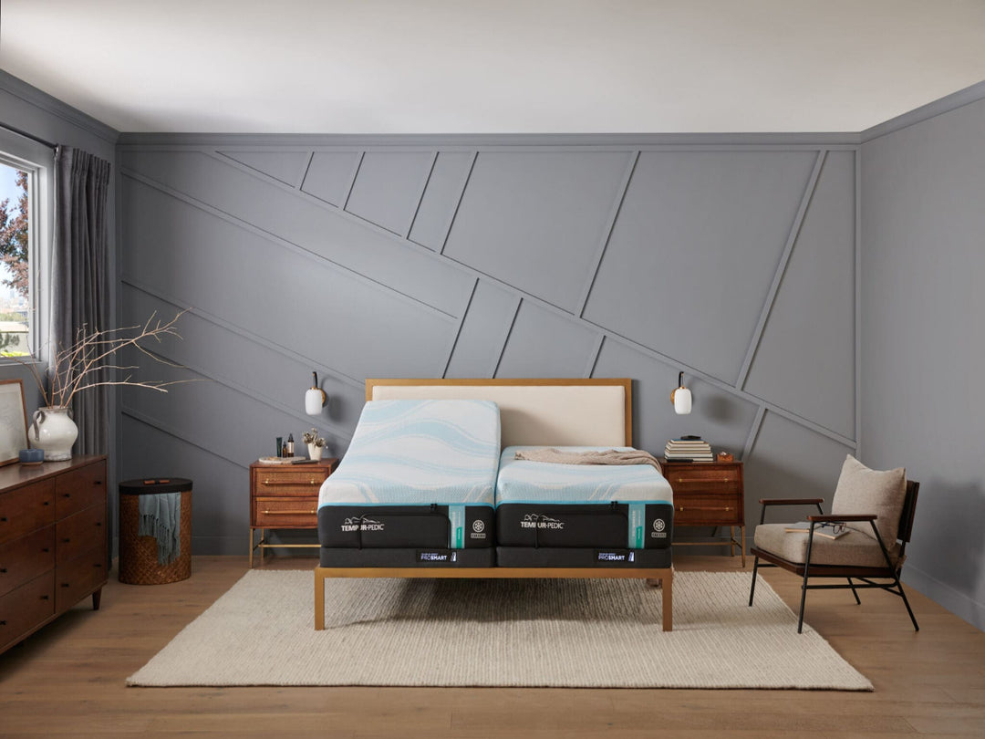 TEMPUR-ProBreeze Medium Hybrid Split King on a TEMPUR-Ergo ProSmart Base in a bedroom