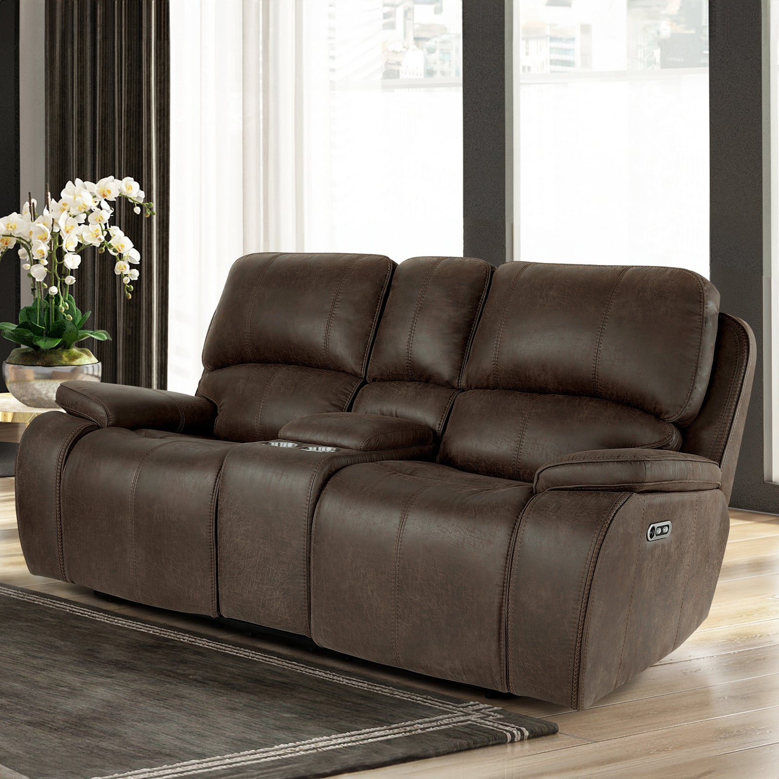 Brookings Console Loveseat W/pwr Hr & Fr-Brown