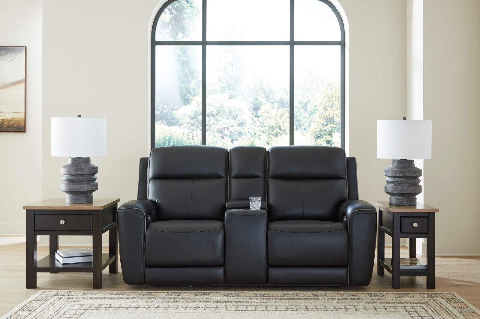 5Z-Comfort Power Reclining Loveseat with Console and Adjustable Headrest in Black