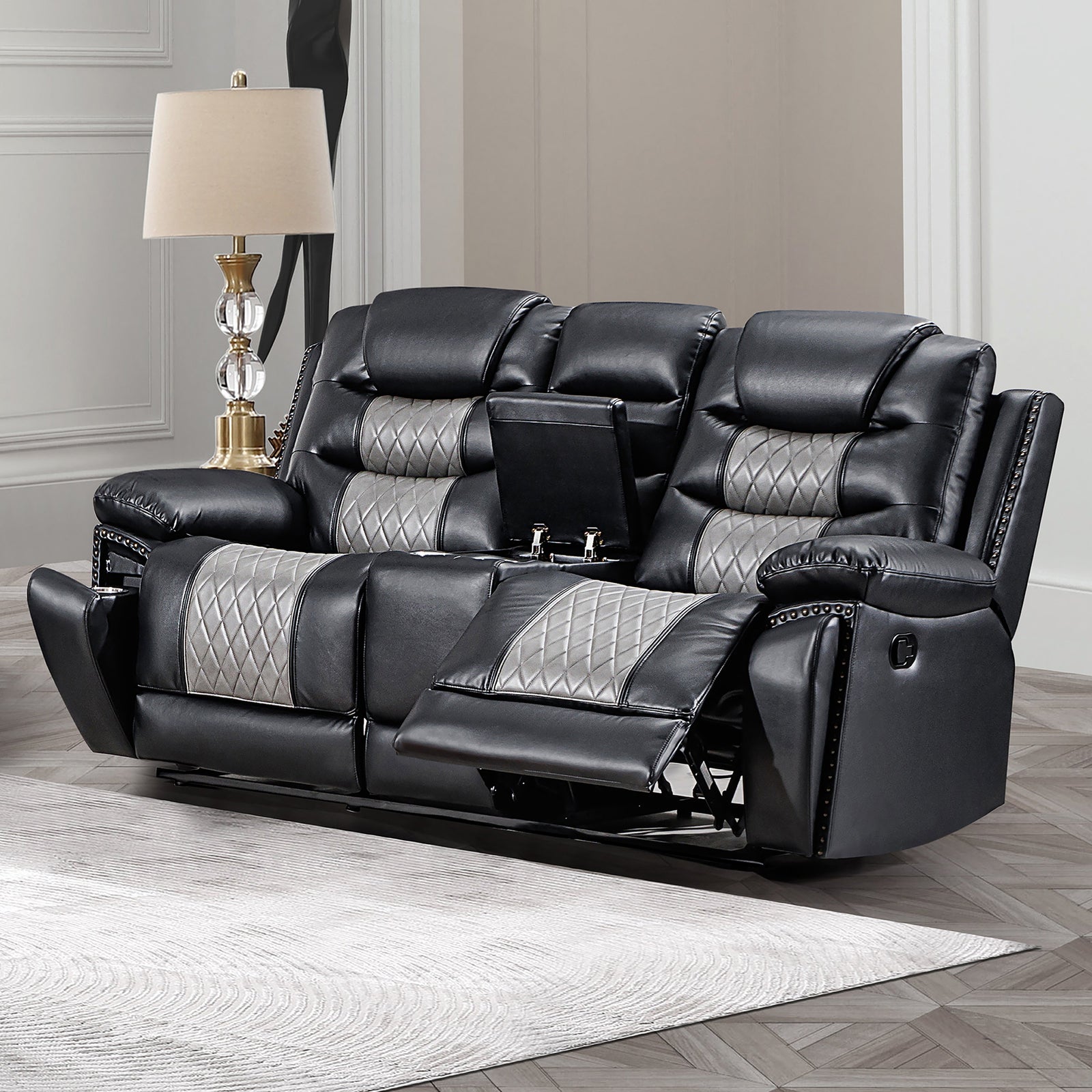 Nikko Console Loveseat W/ Dual Recliners-Black/gray