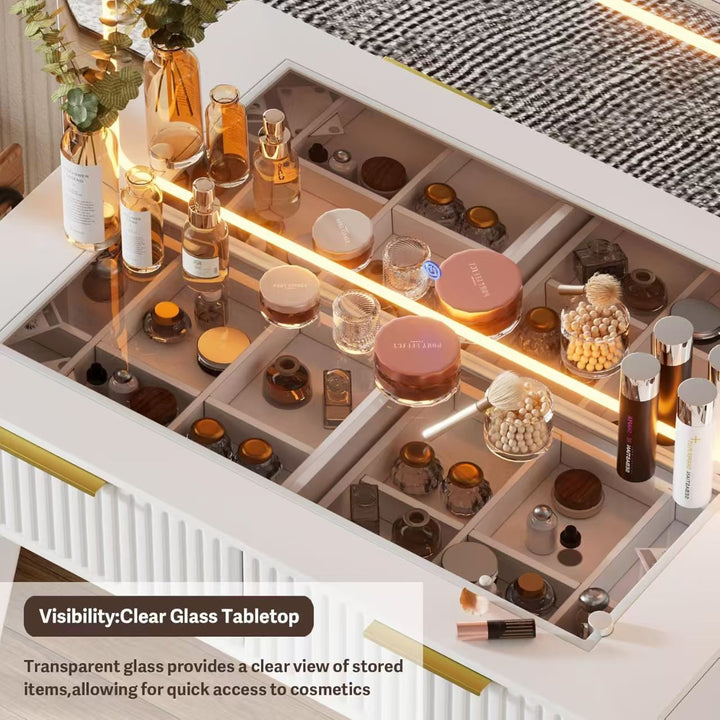 Vanity Desk with with Mirror and Lights, Makeup Vanity Table with Glass Top 