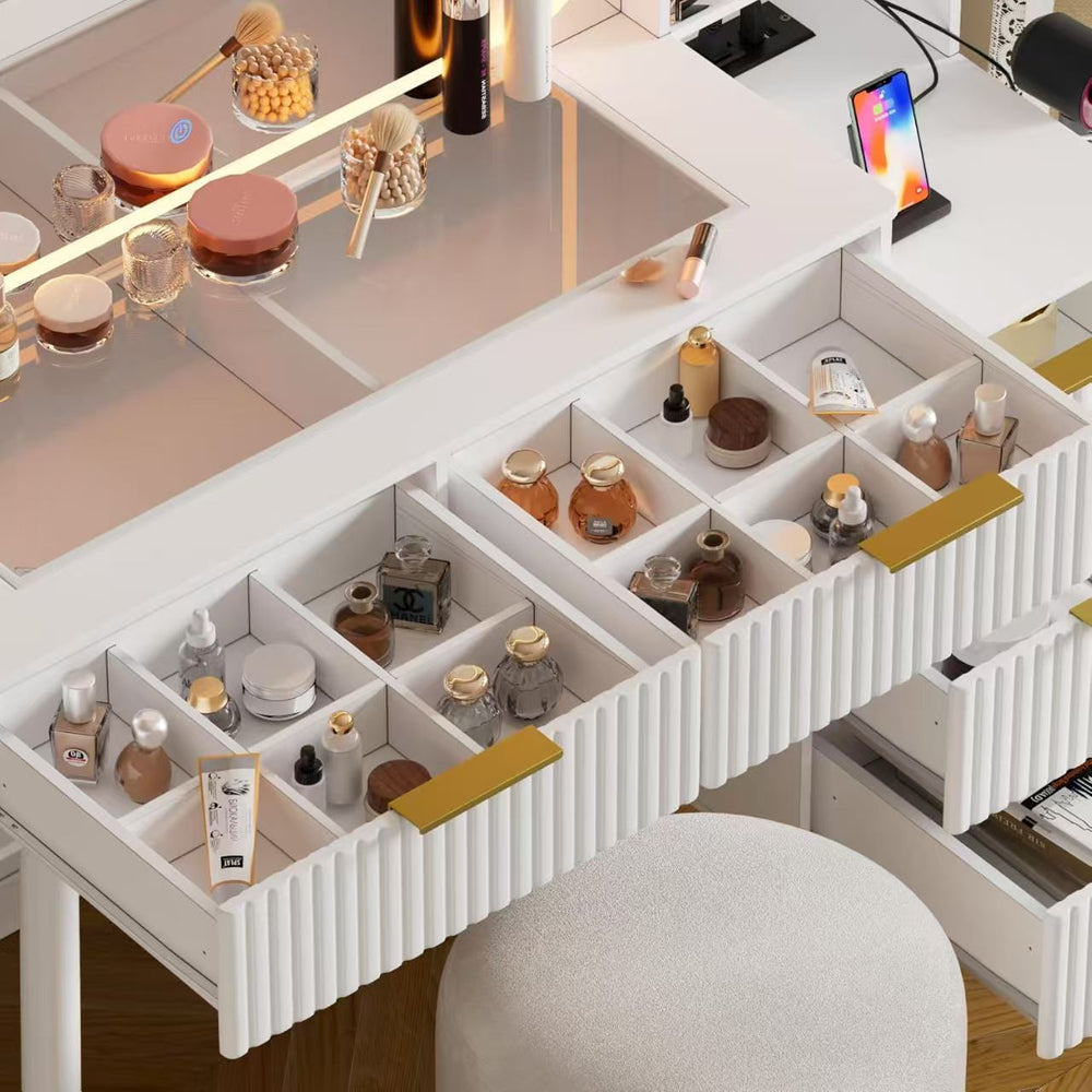 Vanity Desk with with Mirror and Lights, Makeup Vanity Table with Glass Top 