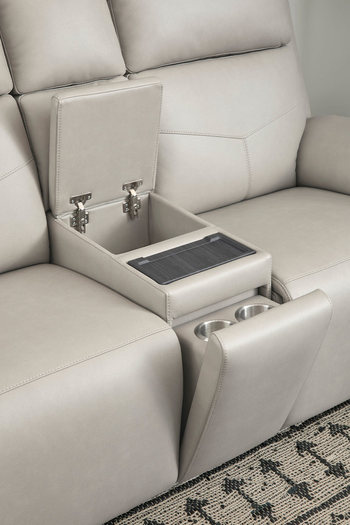 Vernon Fabric Power Reclining Loveseat with Console, Power Headrests, Lumbar, Heat &amp; Massage in Dove Grey