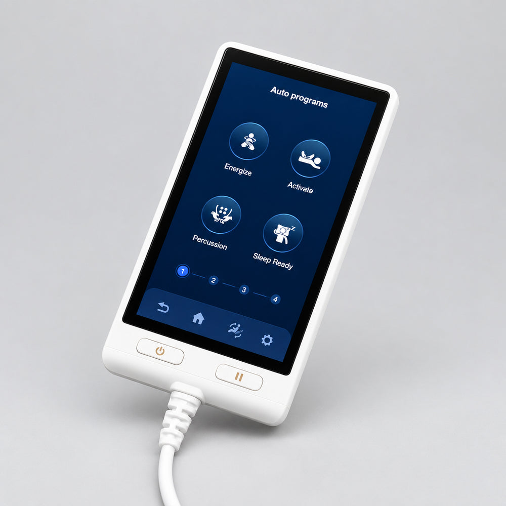 Slim smartphone-style touch remote controller displaying automated AI massage programs
