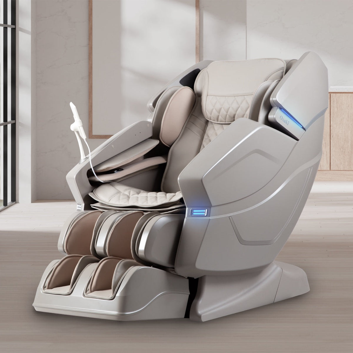 Osaki OS-3D Ai Vito massage chair in taupe color elegantly placed in a bright modern home