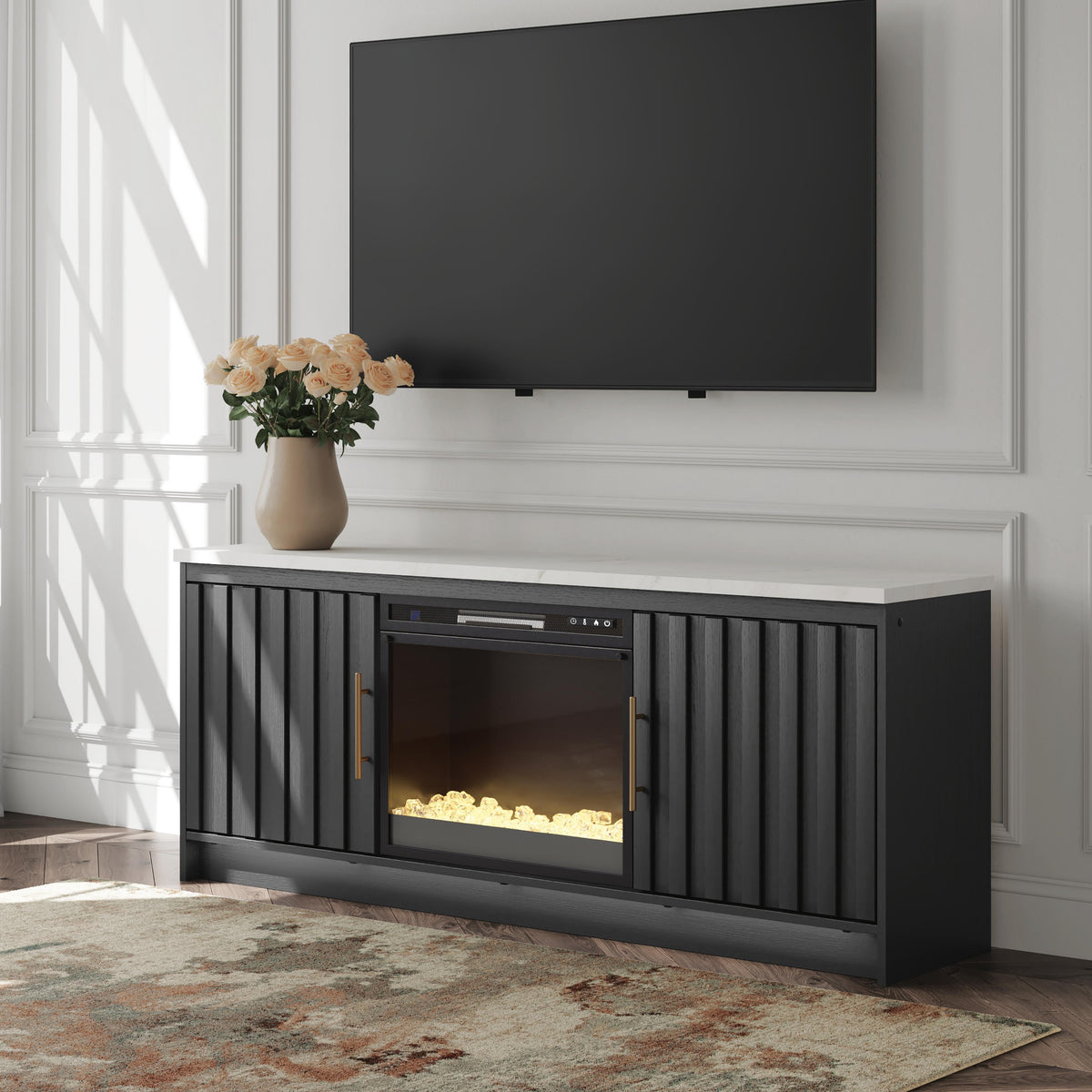 Cadmori 63" TV Stand with Electric Fireplace - Black/White (2)