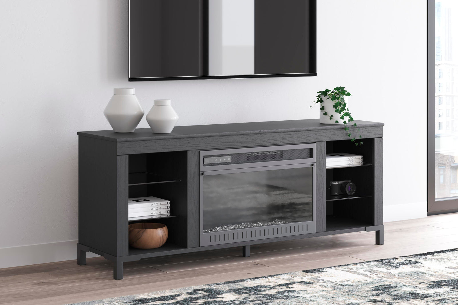 Cayberry 60" TV Stand with Electric Fireplace - Black (2)