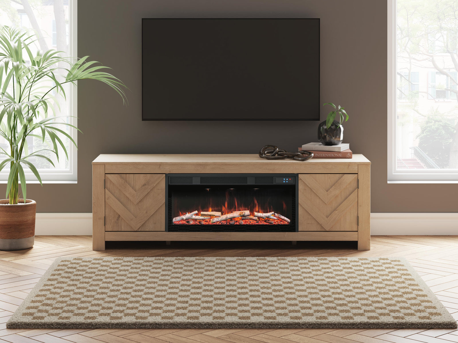 Cayboni 71" TV Stand with Electric Fireplace - Beige (2)