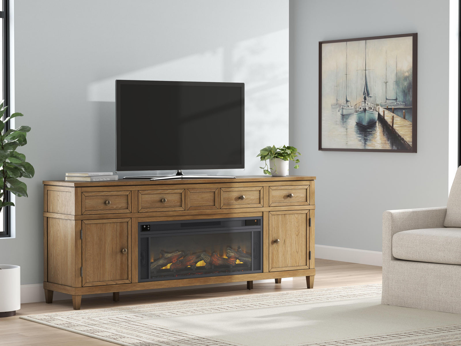 Sharlance 81" TV Stand with Electric Fireplace - Light Brown (2)