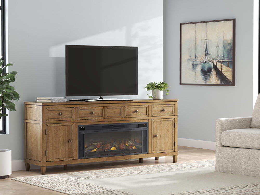 Sharlance 81" TV Stand with Electric Fireplace - Light Brown (2)