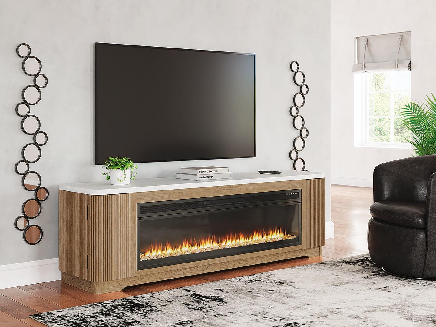 Camdill 80" TV Stand with Electric Fireplace - Light Brown (1)