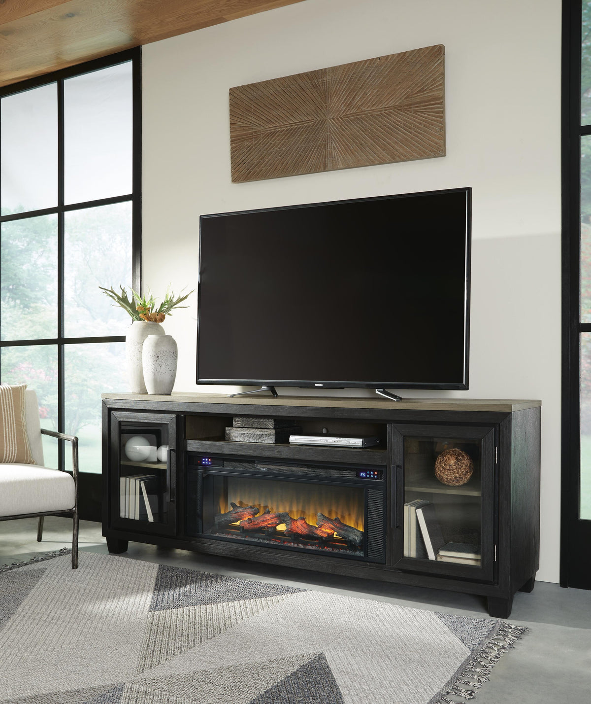 Foyland 83" TV Stand with Electric Fireplace - Black/Brown (2)