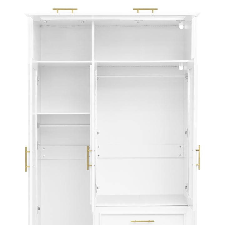 White 3-Door Wardrobe Armoire with LED Lighting and 3 Drawers