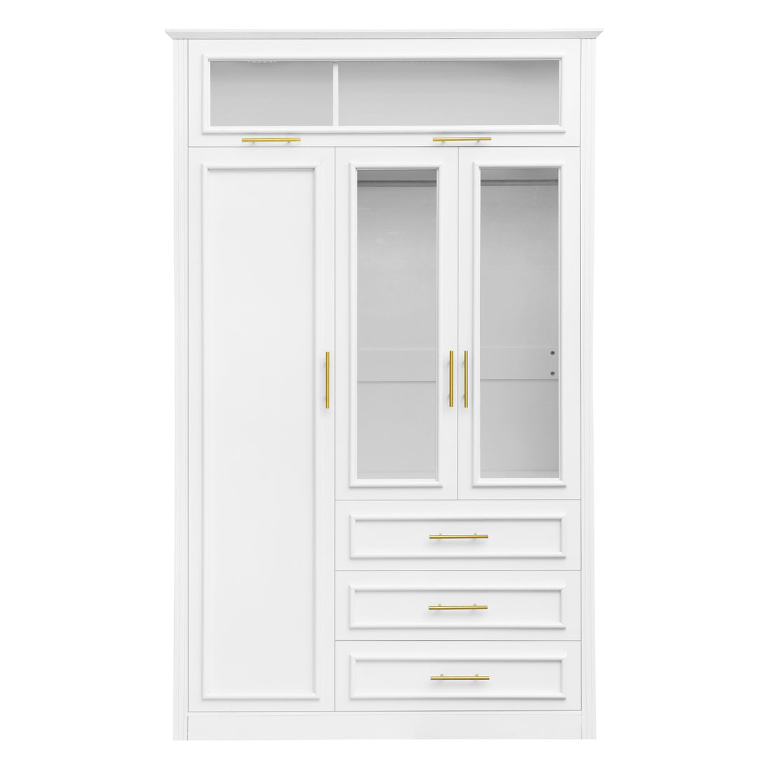 White cabinet with glass doors and drawers on a white background