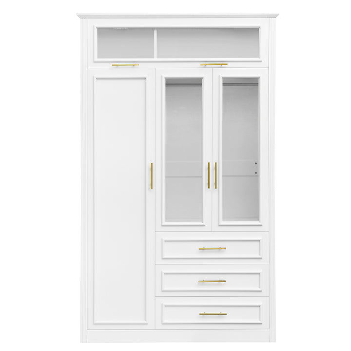 White cabinet with glass doors and drawers on a white background