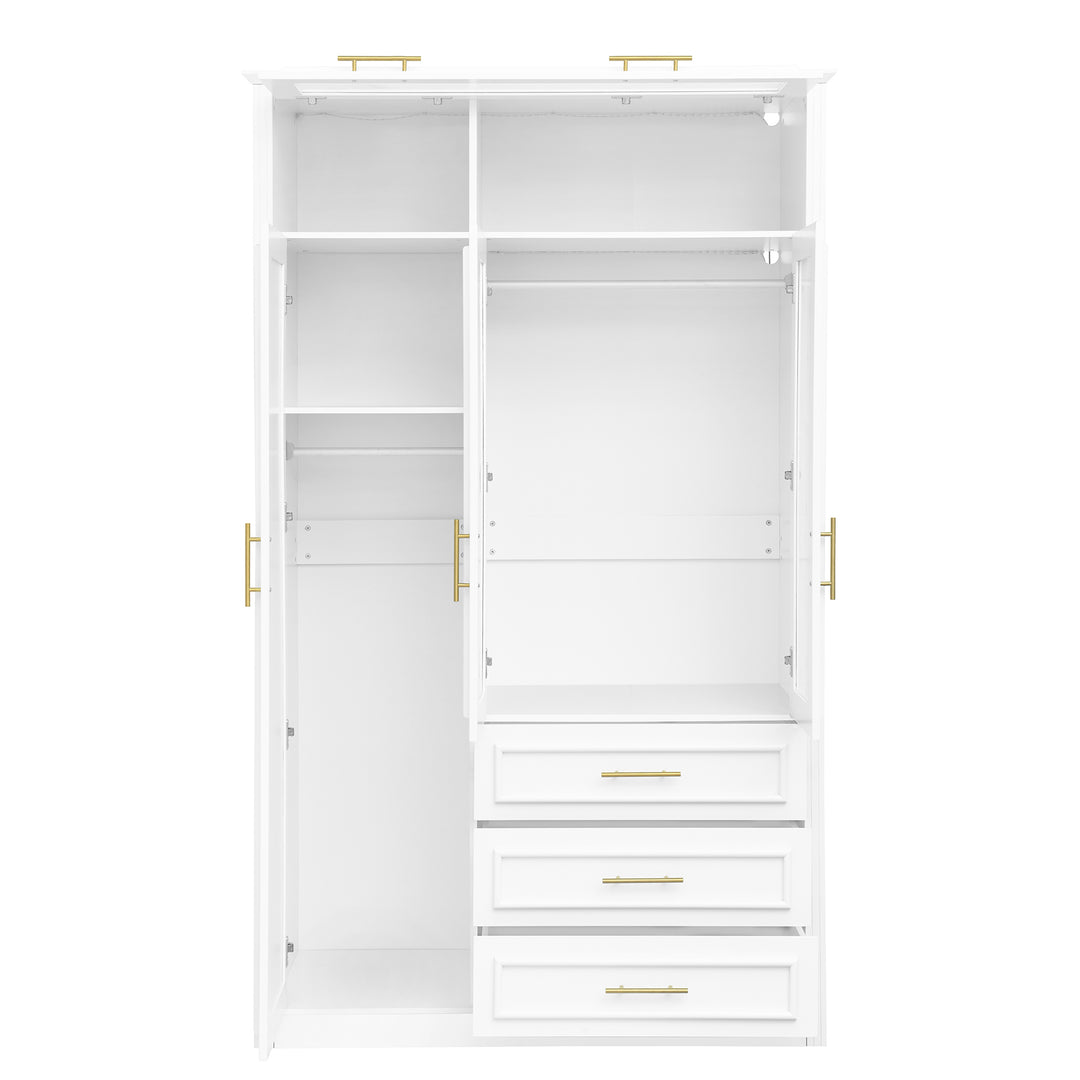 White 3-Door Wardrobe Armoire with LED Lighting and 3 Drawers