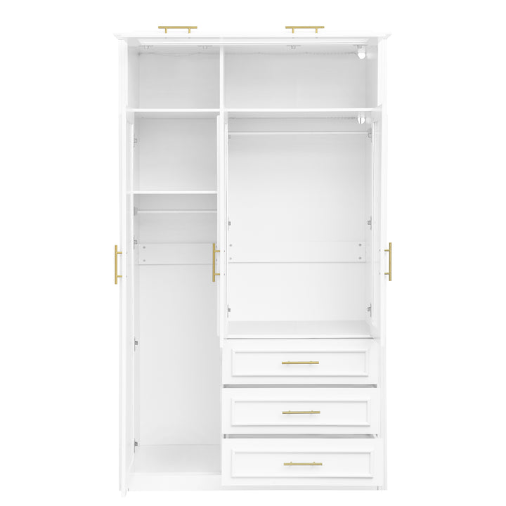 White 3-Door Wardrobe Armoire with LED Lighting and 3 Drawers