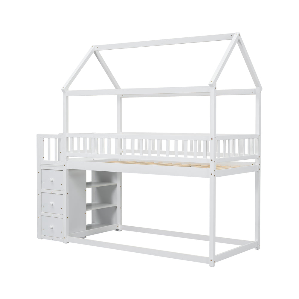 twin-twin-house-bunk-bed-with-shelves-and-drawers-white-color