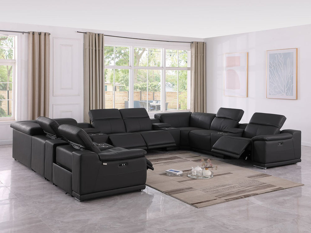 DivanItalia 9762 12-Piece U Shaped Top Grain Italian Leather Sectional Sofa with 4 Power Recliners - Black