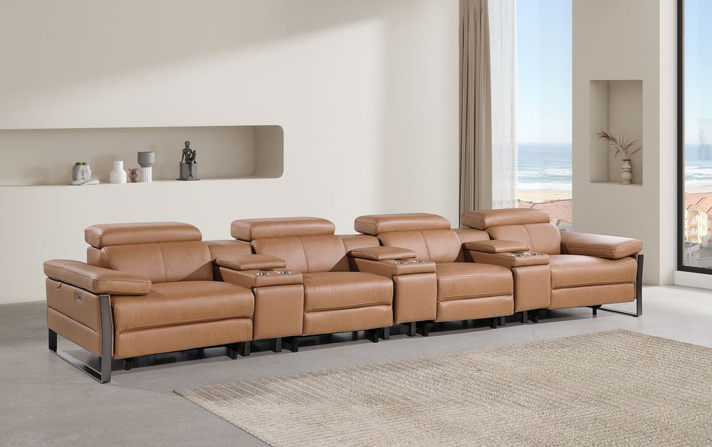 DivanItalia 1246 Modular Power Triple Reclining Triple Console Sofa with Power Reclining Headrests – Top Grain Italian Leather - Cognac