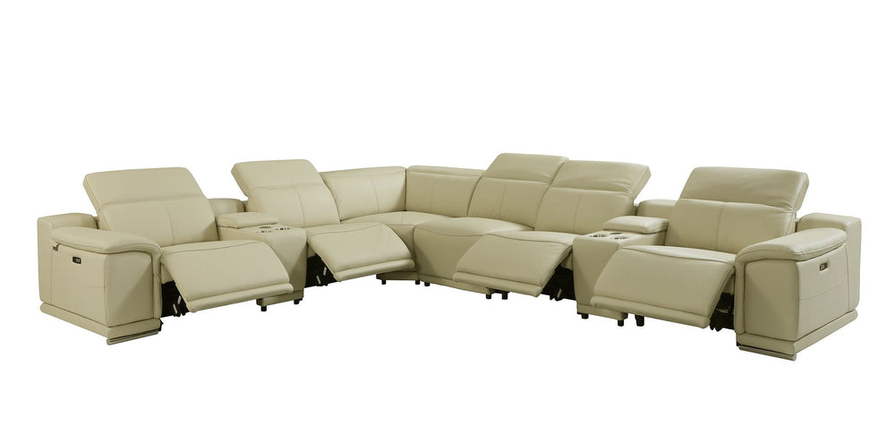 DivanItalia 9762 8-Piece L Shaped Top Grain Italian Leather Sectional Sofa with 4 Power Recliners - Beige