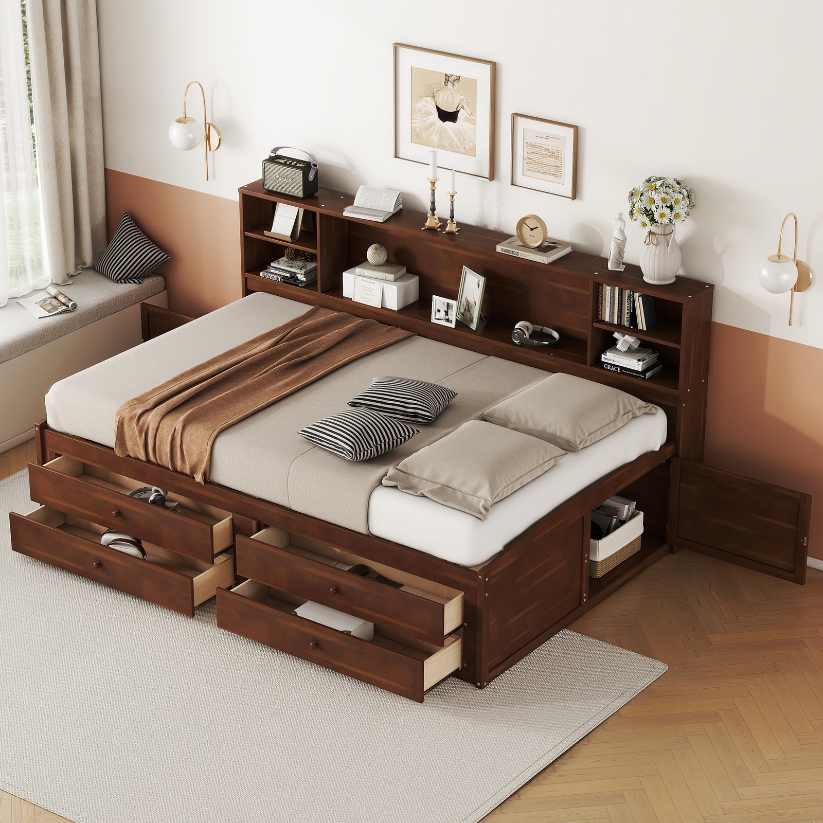 Wooden Captain Bed with Built-in Storage Shelves, 4 Drawers and 2 Cabinets, Antique Brown - Full Size