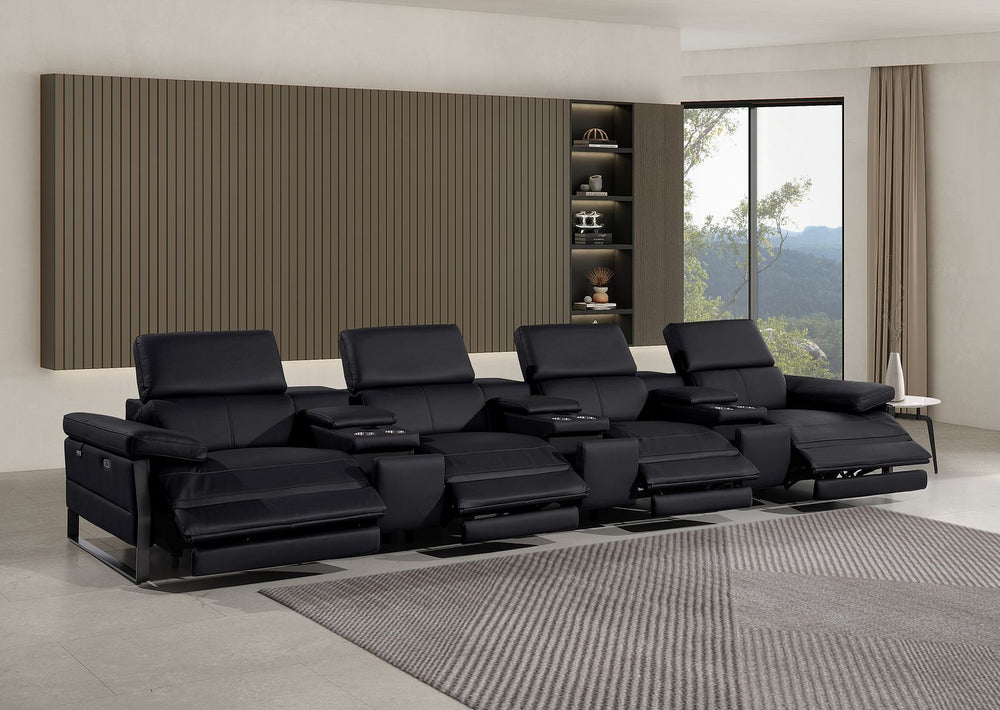 DivanItalia 1246 Modular Power Triple Reclining Triple Console Sofa with Power Reclining Headrests – Top Grain Italian Leather - Black