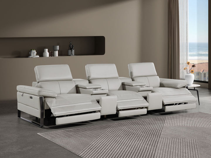 DivanItalia 1246 Modular Power Triple Reclining Dual Console Sofa with Power Reclining Headrests – Top Grain Italian Leather - Light Gray