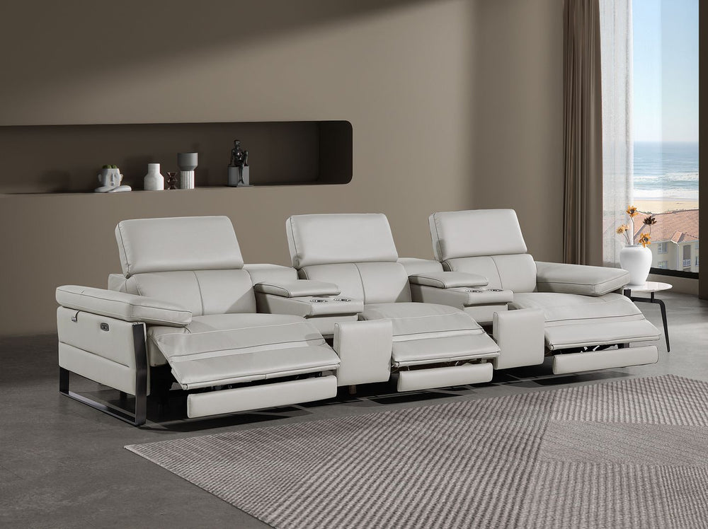 DivanItalia 1246 Modular Power Triple Reclining Dual Console Sofa with Power Reclining Headrests – Top Grain Italian Leather - Light Gray