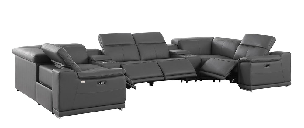 DivanItalia 9762 8-Piece U Shaped Top Grain Italian Leather Sectional Sofa with 4 Power Recliners – with Console - Dark Gray