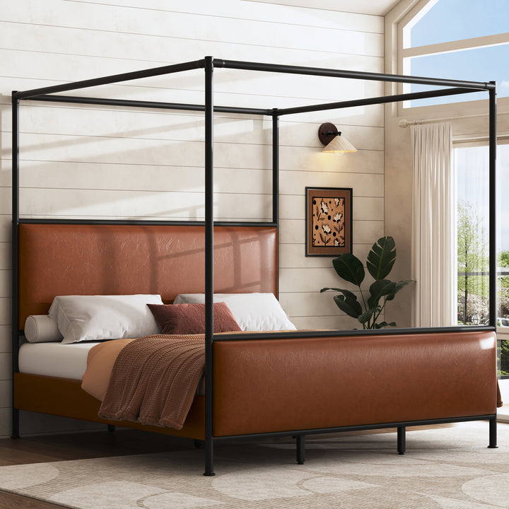 PU Leather King Canopy Bed – Brown &amp; Black